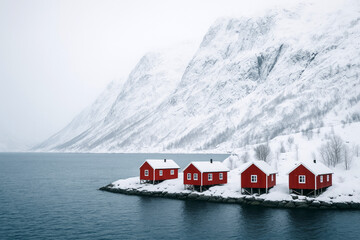 Snowy coastal village with red cabins nestled against mountains in Norway during winter, showcasing natural beauty and serene atmosphere