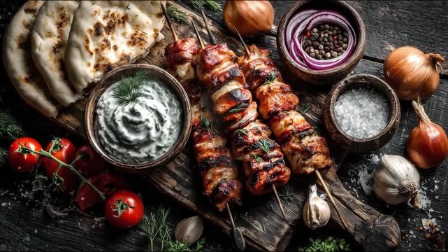 Flat lay of Greek Souvlaki skewers with grilled meat, pita bread, tzatziki, tomatoes, and onions, showcasing Greece&rsquo;s beloved fresh and flavorful street food with ingredients. 4k video footage.