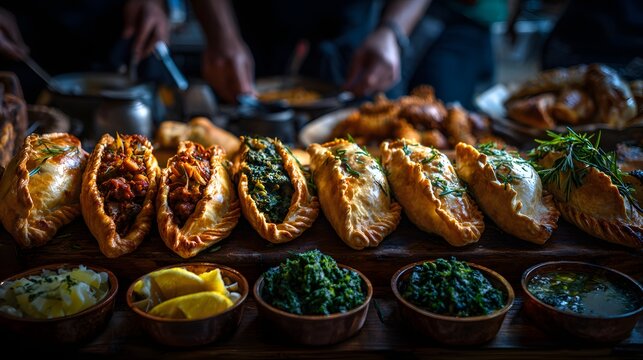 Diverse Group of Coworkers Sharing Handcrafted Empanadas at a perfect for workplace diversity campaigns, food culture articles, culinary blogs, multicultural event promotions and social bonding visual