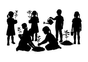 Vector art of silhouette of children planting trees in a garden isolated on white background vector