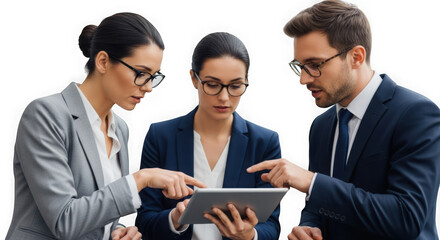 Three business people in a modern office working together on a project using a tablet discussing strategy isolated on transparent background