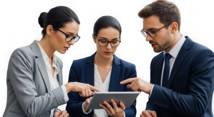 Three business people in a modern office working together on a project using a tablet discussing strategy isolated on transparent background