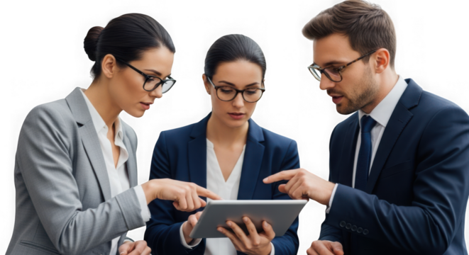 Three business people in a modern office working together on a project using a tablet discussing strategy isolated on transparent background