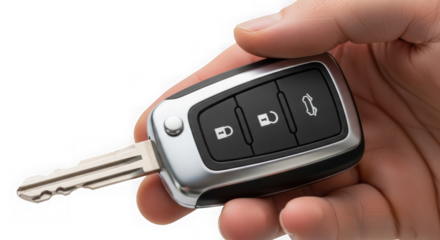 Close up of a modern car key held in a hand, featuring lock and unlock buttons for vehicle access and security isolated on transparent background