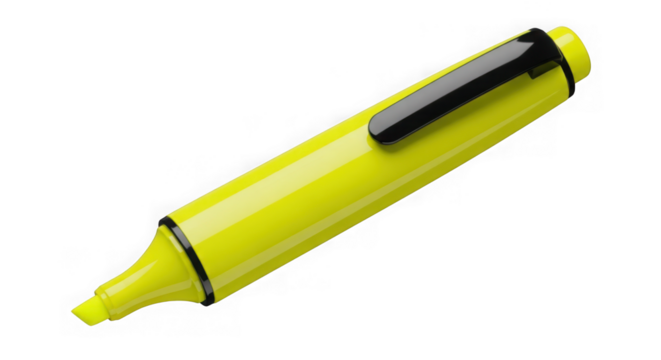 A bright yellow highlighter with a black clip is isolated on a transparent background for office or school use
