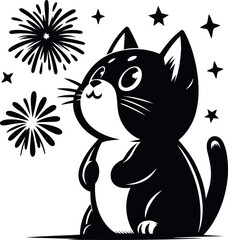 Curious Cat Watching Fireworks illustration