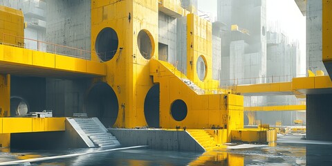 Futuristic Urban Construction Site with Bright Yellow Structures and Water Reflections