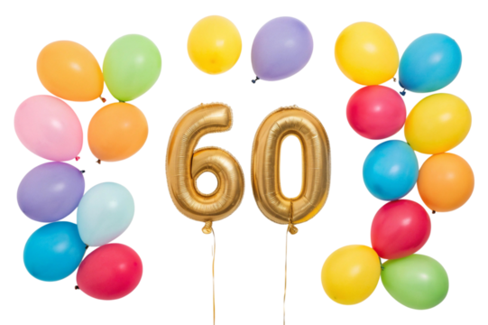 Golden number 60 balloons celebration isolated on transparent background