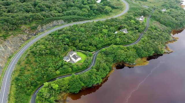 Aerial view of the new greenway between Dungloe and Glenties by Lettermacaward, County Donegal, Ireland