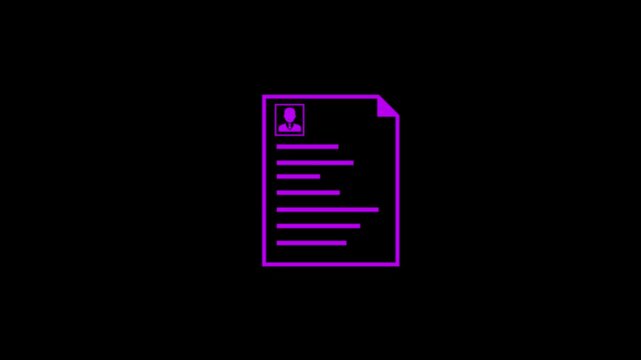 Purple Neon Icon of a Resume Document with a Profile Picture and Text Lines on a Black Background curriculum vitae . 4k video