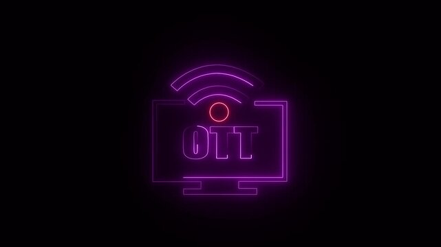 Purple Neon Outline of a Television Screen with OT Text and Wi- Fi Symbol on Black Background monitor . 4k video
