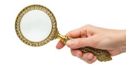 A hand holds an ornate gold magnifying glass against a transparent background for examination and investigation