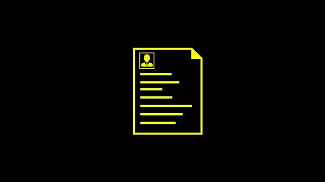 Yellow Neon Icon of a Resume Document with a Profile Picture and Text Lines on a Black Background curriculum vitae . 4k video