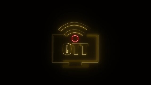 Yellow Neon Outline of a Television Screen with OTT Text and Wi- Fi Symbol on Black Background monitor . 4k video
