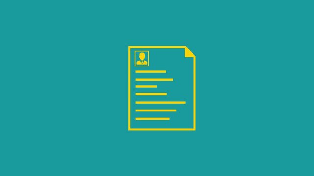 Yellow Resume Icon on Teal Background Symbolizing Job Search and Personal Profile curriculum vitae job application . 4k video