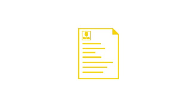 Yellow Resume Icon with Portrait and Text Lines on White Background curriculum vitae job application . 4k video