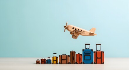 Concept of travel and tourism growth with a wooden airplane taking off over a row of increasingly larger colorful suitcases