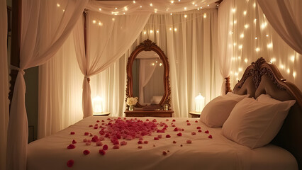 Romantic Canopy Bed Bedroom Decorated with Pink Rose Petals and Fairy Lights Warm Evening Ambiance Soft White Curtains Ornate Wooden Bed Frame