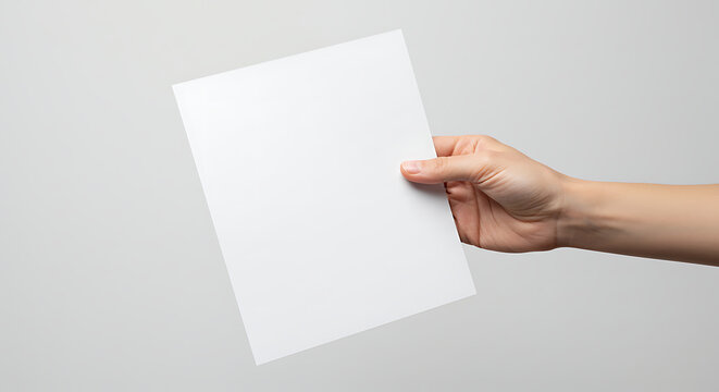 A person's hand holding a blank white sheet of paper. Clean mockup template for flyer, resume, or document presentation. - Powered by Adobe