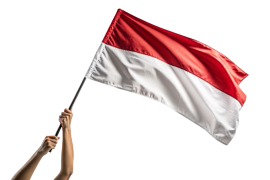 Indonesian flag waving in the wind held by hands isolated on transparent background