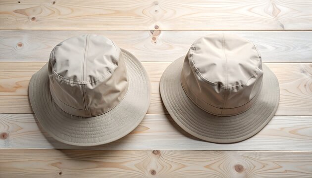 Two beige wide-brimmed sun hats for outdoor activities on a wooden background - Powered by Adobe