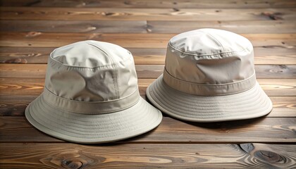 Two classic beige bucket hats for sun protection resting on a wooden plank background