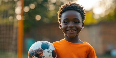 Naklejka premium Young black boy playing football at soccer training, promoting sports and fitness in an active lifestyle, Generative AI