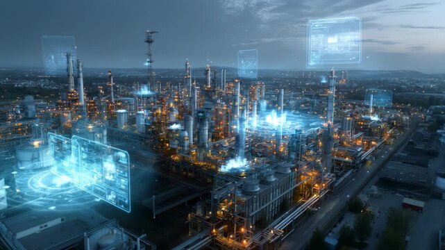 industrial facility with an overlay of futuristic digital interfaces and holographic