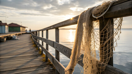 Weathered fishing net hangs on wooden pier railing at sunset