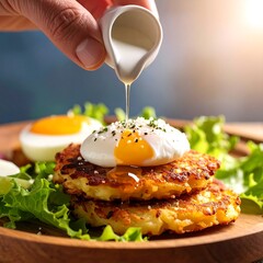 Potato pancakes with poached egg and sauce
