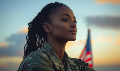 Mixed-race female soldier with the American flag, celebrating Independence Day, emphasizing diversity and inclusion within the military, Generative AI