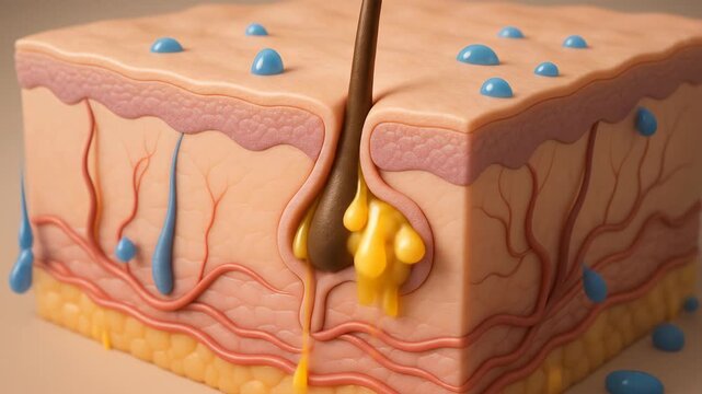 Illustration of a hair follicle with sebum and skin structure