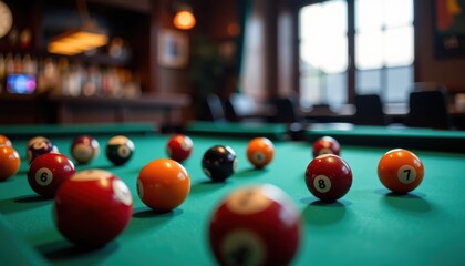 Billiard balls scattered on a green felt pool table in a cozy setting.
