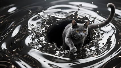 A gray cat appears to be emerging from a swirling, reflective water splash.