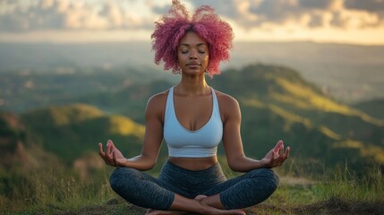 Mature black woman with pink hair practicing yoga and meditation on a hilltop, focusing on mental and physical wellness, Generative AI