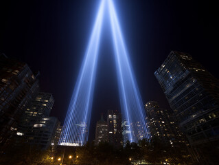 Twin beams of light in New York City sky, Patriot Day tribute at night