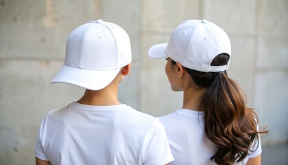 A young couple from behind in matching blank white baseball caps, a symbol of unity