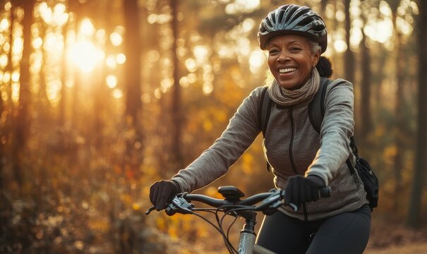 Candid elderly black woman cycling through the woods at golden hour, outdoor fitness and wellness, Generative AI - Powered by Adobe