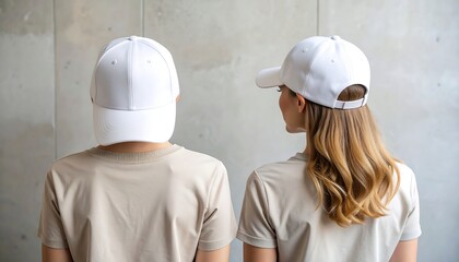 Rear view of an anonymous couple wearing matching white baseball caps against a grey wall.