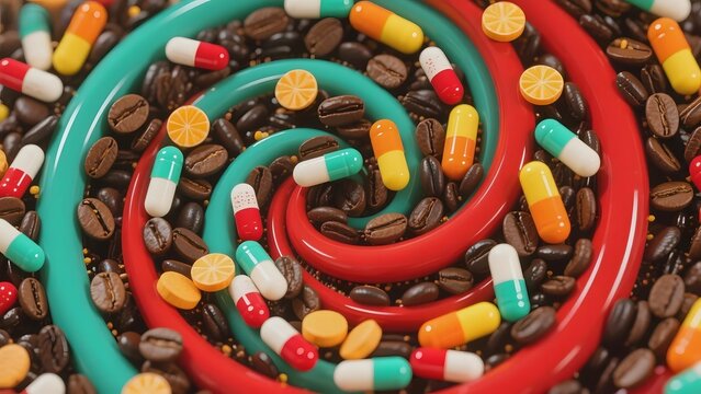 Spiral arrangement of coffee beans, colorful pills, and orange slices creating a visually striking pattern - Powered by Adobe