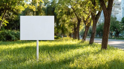 Blank white yard sign on green grass during a sunny day. mock up empty space for marketing or advertising messages.