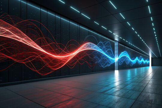 Dynamic digital waveform visualization pulses through a modern, sleek corridor with neon lights
