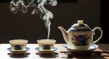 Steaming tea in cups and teapot on a wooden surface against dark background.