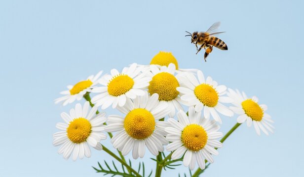 Delicate chamomile flowers bloom as a busy bee approaches, signifying pollination and nature's cycle. - Powered by Adobe