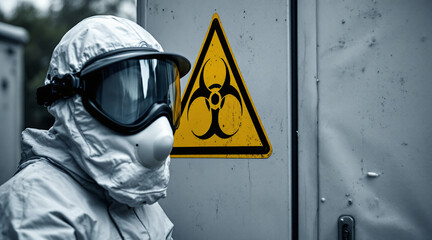 Fototapeta premium Hazardous Material Response Team Member in Protective Suit Beside Biohazard Sign