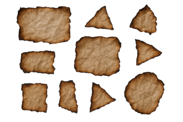 Collection of Aged and Burned Paper Scraps with Jagged Edges, Evoking a Sense of History and Mystery