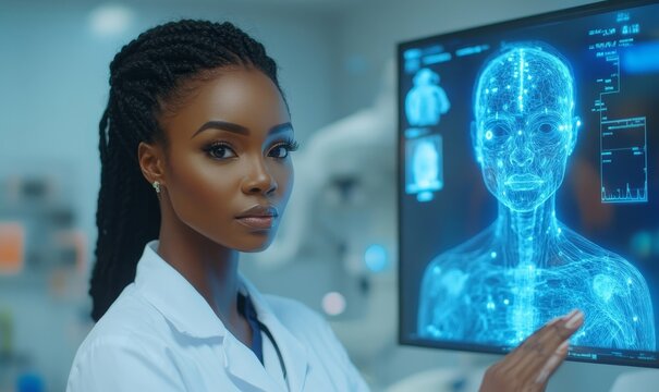 Black female doctor analyzing AI medical scan hologram, Generative AI - Powered by Adobe