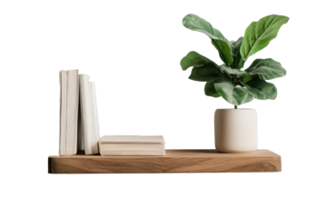 Modern floating wall shelf featuring clean design, showcasing books and decorative plant. This stylish arrangement adds touch of elegance to any space, perfect for minimalistic decor