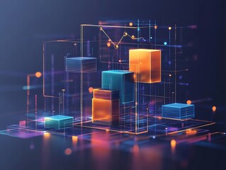 Digital Data Visualization with Glowing 3d Bar Graphs and Line Charts in Futuristic Style