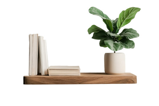 Modern floating wall shelf featuring clean design, showcasing books and decorative plant. This stylish arrangement adds touch of elegance to any space, perfect for minimalistic decor - Powered by Adobe